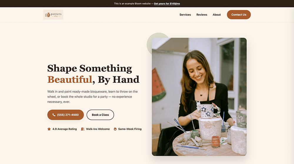 Example Bloom website for a pottery studio